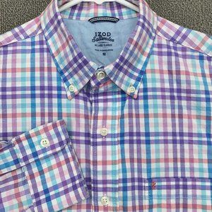 IZOD Saltwater Shirt Mens Medium Purple Blue Check Button Up Long Sleeve #9562